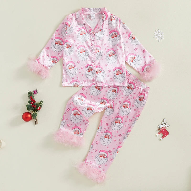 Toddler Girl 2-Piece Christmas Pajamas with Long Sleeve Feather Trim