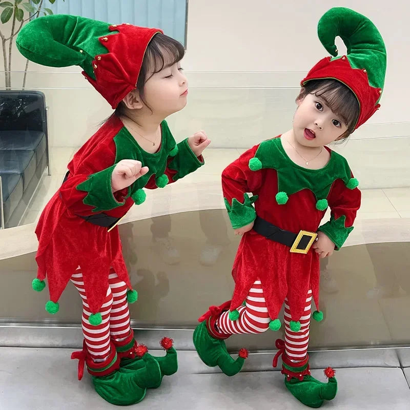 Children's Christmas Elf Costume with Shoes, Hat & Striped Socks