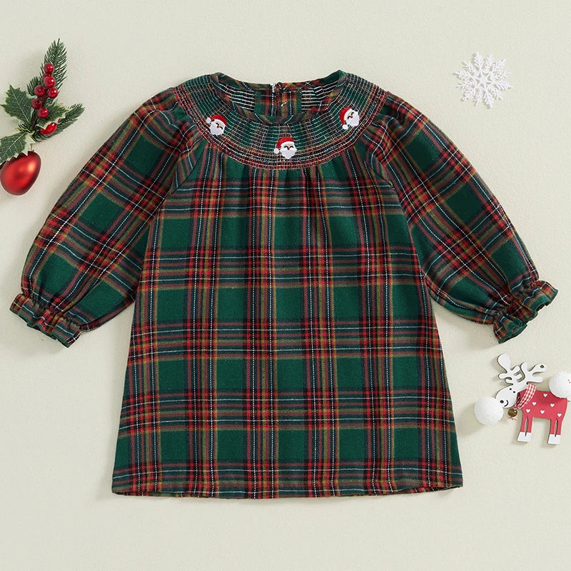 Baby Girl Christmas Dress Long Sleeve Round Neck Reindeer Print A-Line Dress Toddler Winter Holiday Party Dress with Bow