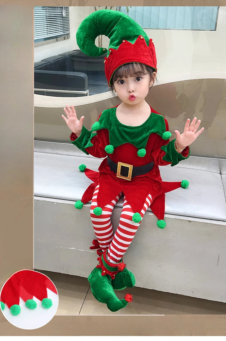 Children's Christmas Elf Costume with Shoes, Hat & Striped Socks