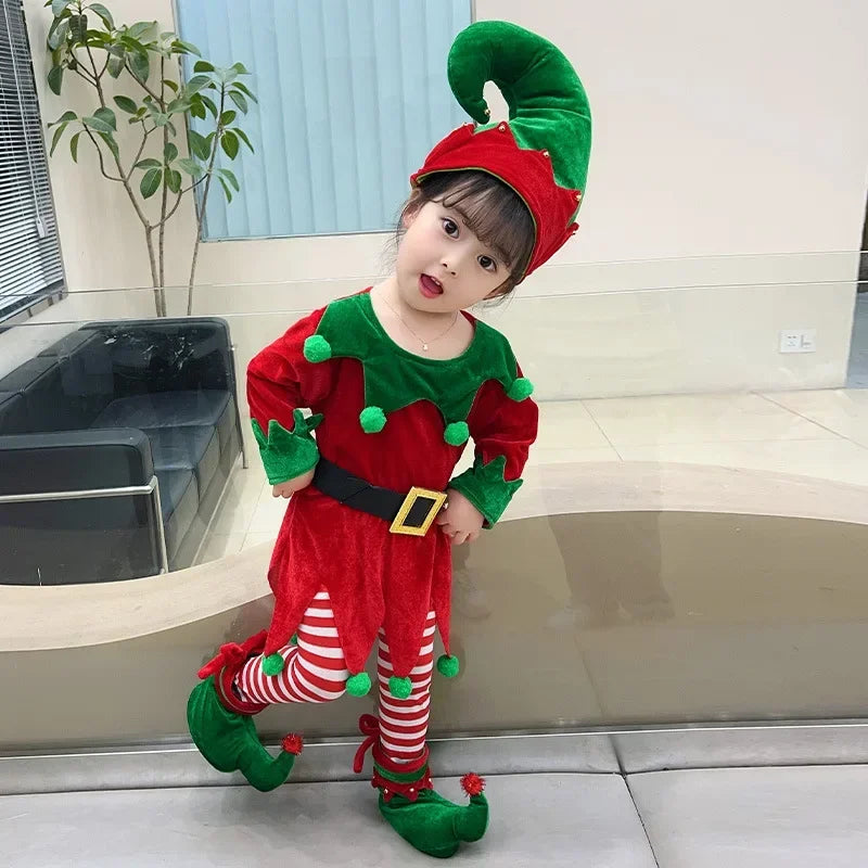 Children's Christmas Elf Costume with Shoes, Hat & Striped Socks