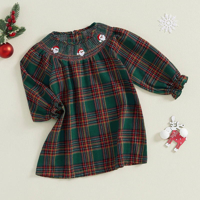 Baby Girl Christmas Dress Long Sleeve Round Neck Reindeer Print A-Line Dress Toddler Winter Holiday Party Dress with Bow